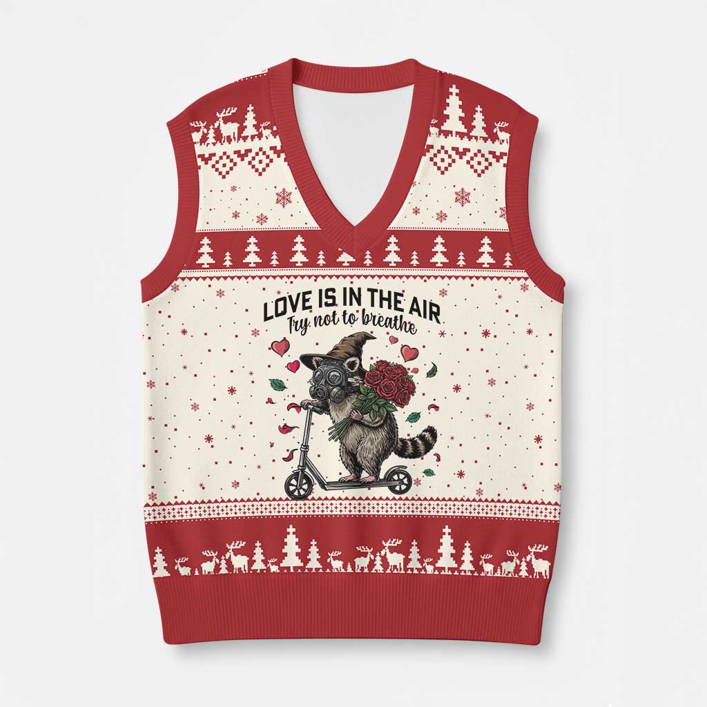 Funny Raccoon Scooter Anti Valentine V-Neck Knit Sweater Vest Love Is In The Air Try Not To Breathe - Wonder Print Shop