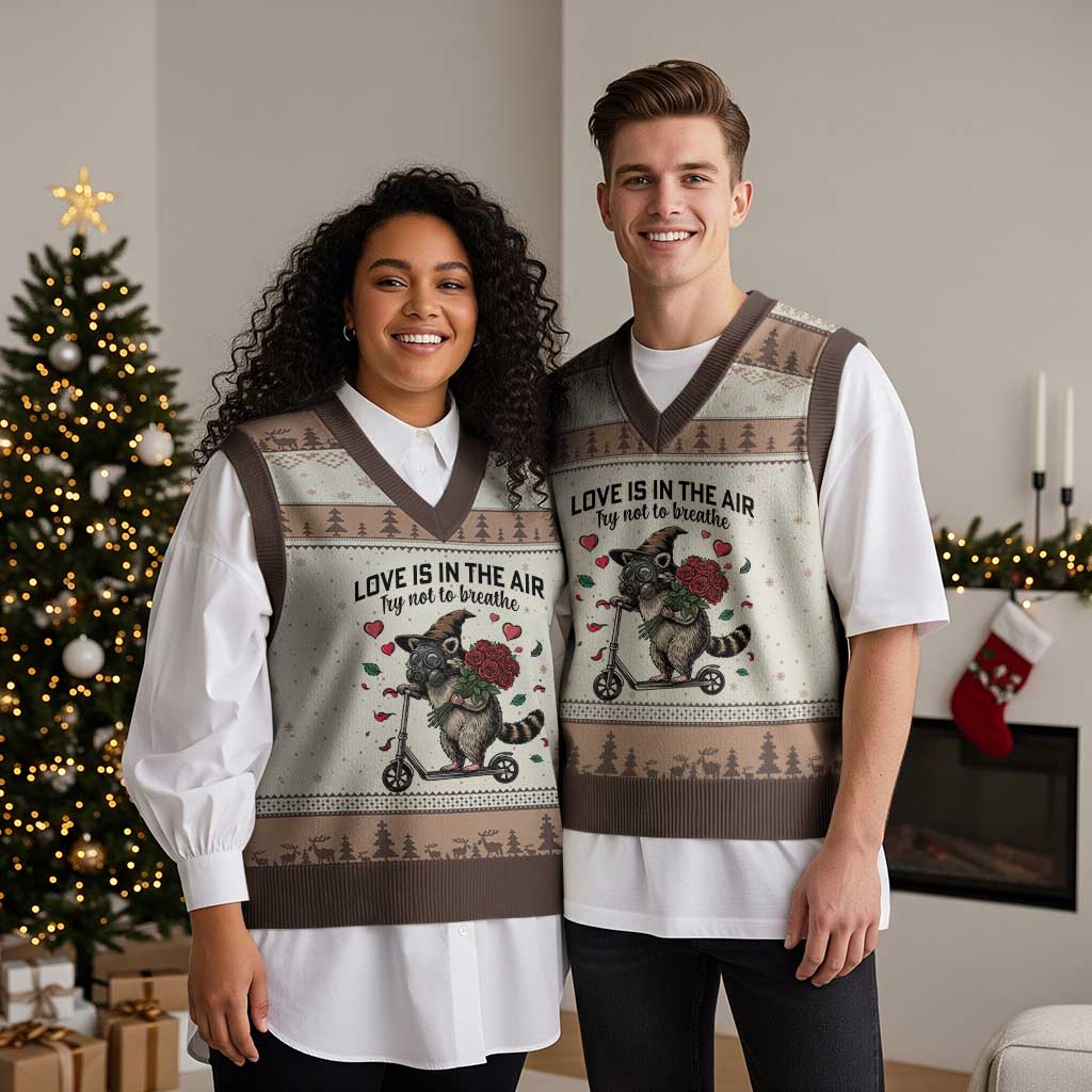 Funny Raccoon Scooter Anti Valentine V-Neck Knit Sweater Vest Love Is In The Air Try Not To Breathe - Wonder Print Shop
