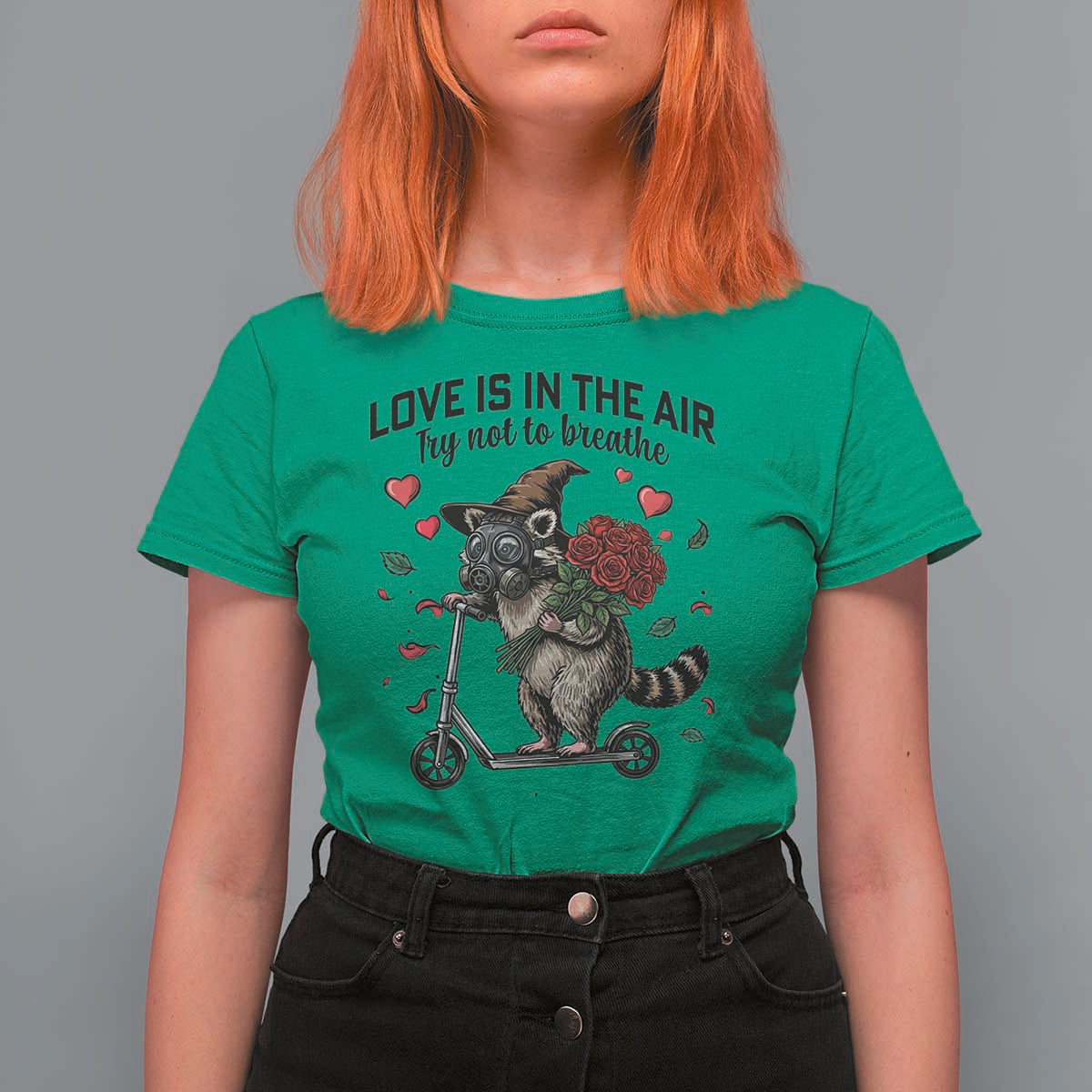 Funny Raccoon Scooter Anti Valentine T Shirt For Women Love Is In The Air Try Not To Breathe - Wonder Print Shop