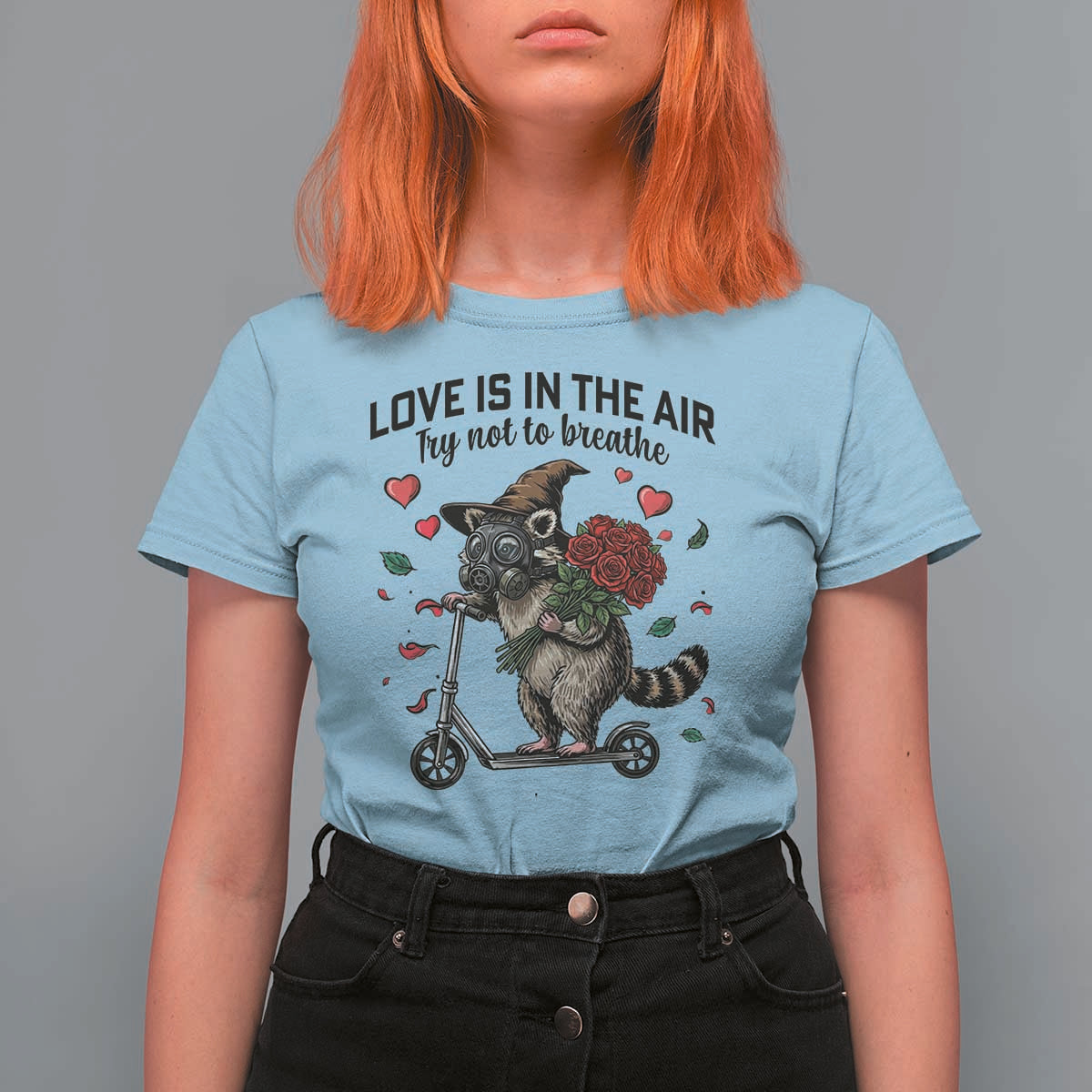 Funny Raccoon Scooter Anti Valentine T Shirt For Women Love Is In The Air Try Not To Breathe - Wonder Print Shop