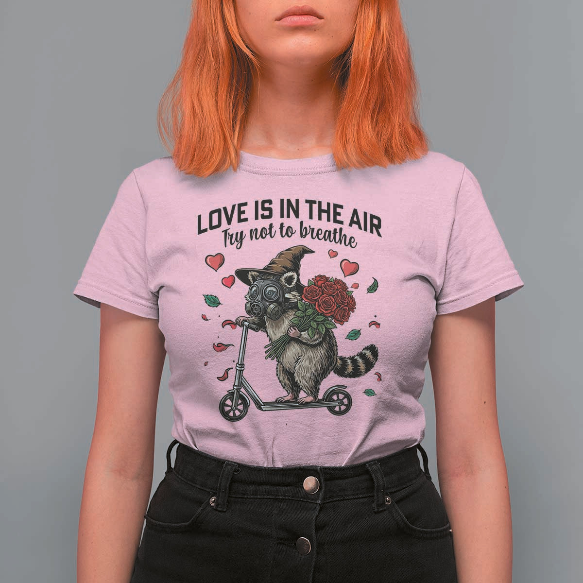 Funny Raccoon Scooter Anti Valentine T Shirt For Women Love Is In The Air Try Not To Breathe - Wonder Print Shop