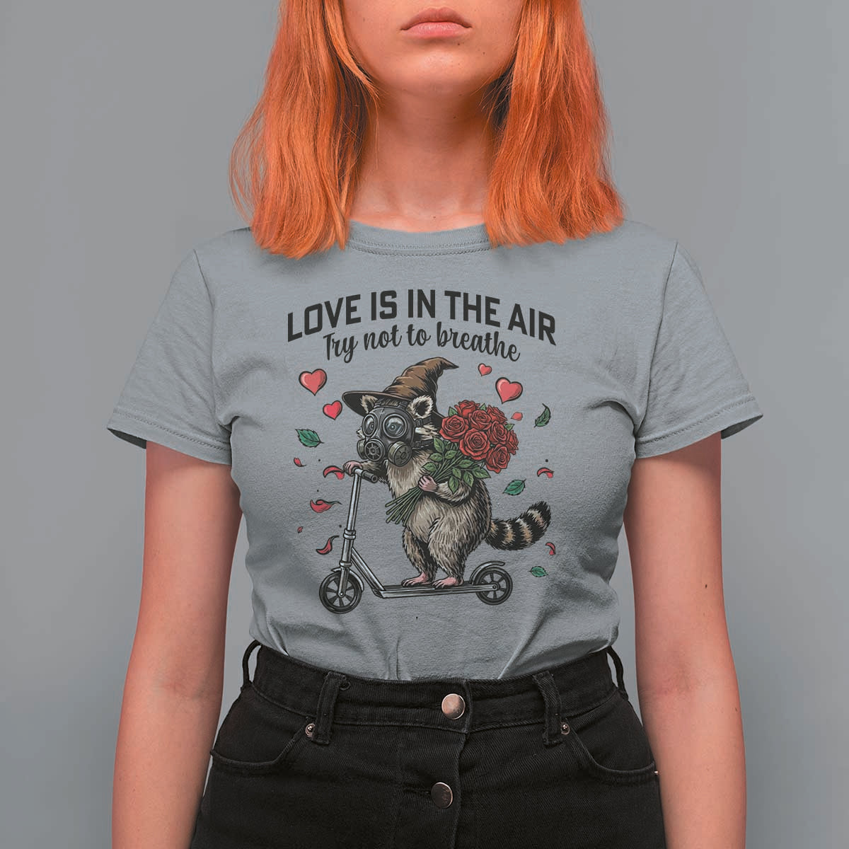 Funny Raccoon Scooter Anti Valentine T Shirt For Women Love Is In The Air Try Not To Breathe - Wonder Print Shop