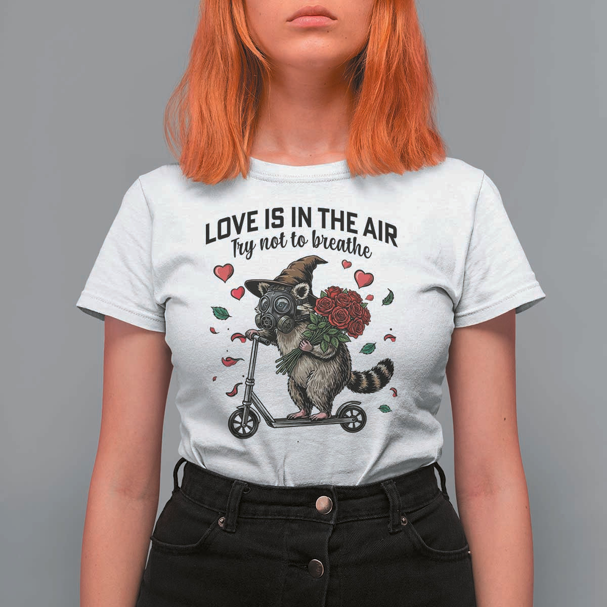 Funny Raccoon Scooter Anti Valentine T Shirt For Women Love Is In The Air Try Not To Breathe - Wonder Print Shop