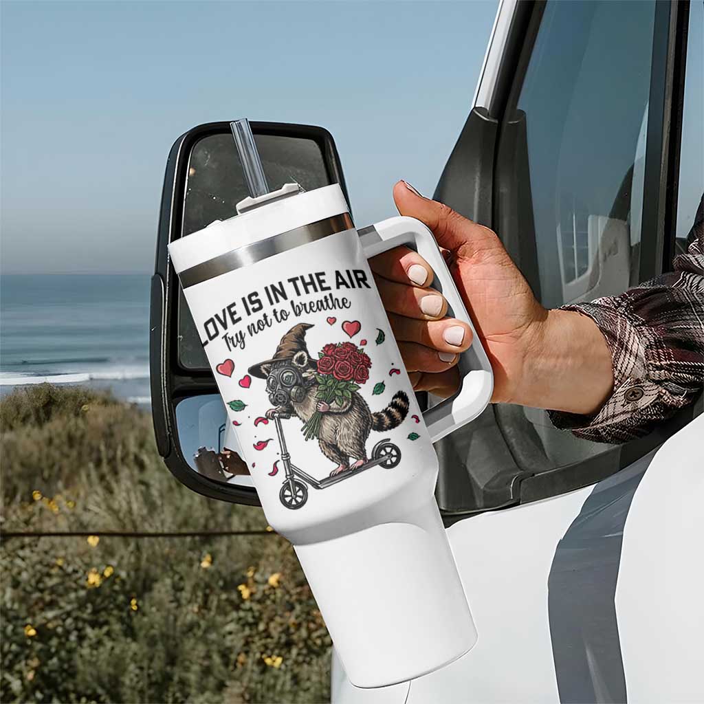 Funny Raccoon Scooter Anti Valentine Tumbler With Handle Love Is In The Air Try Not To Breathe - Wonder Print Shop