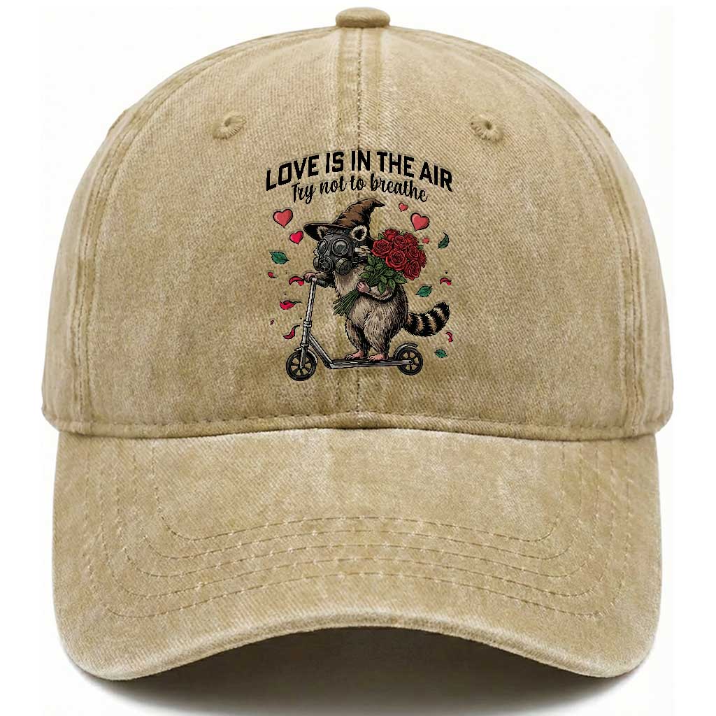 Funny Raccoon Scooter Anti Valentine Washed Cotton Baseball Cap Love Is In The Air Try Not To Breathe