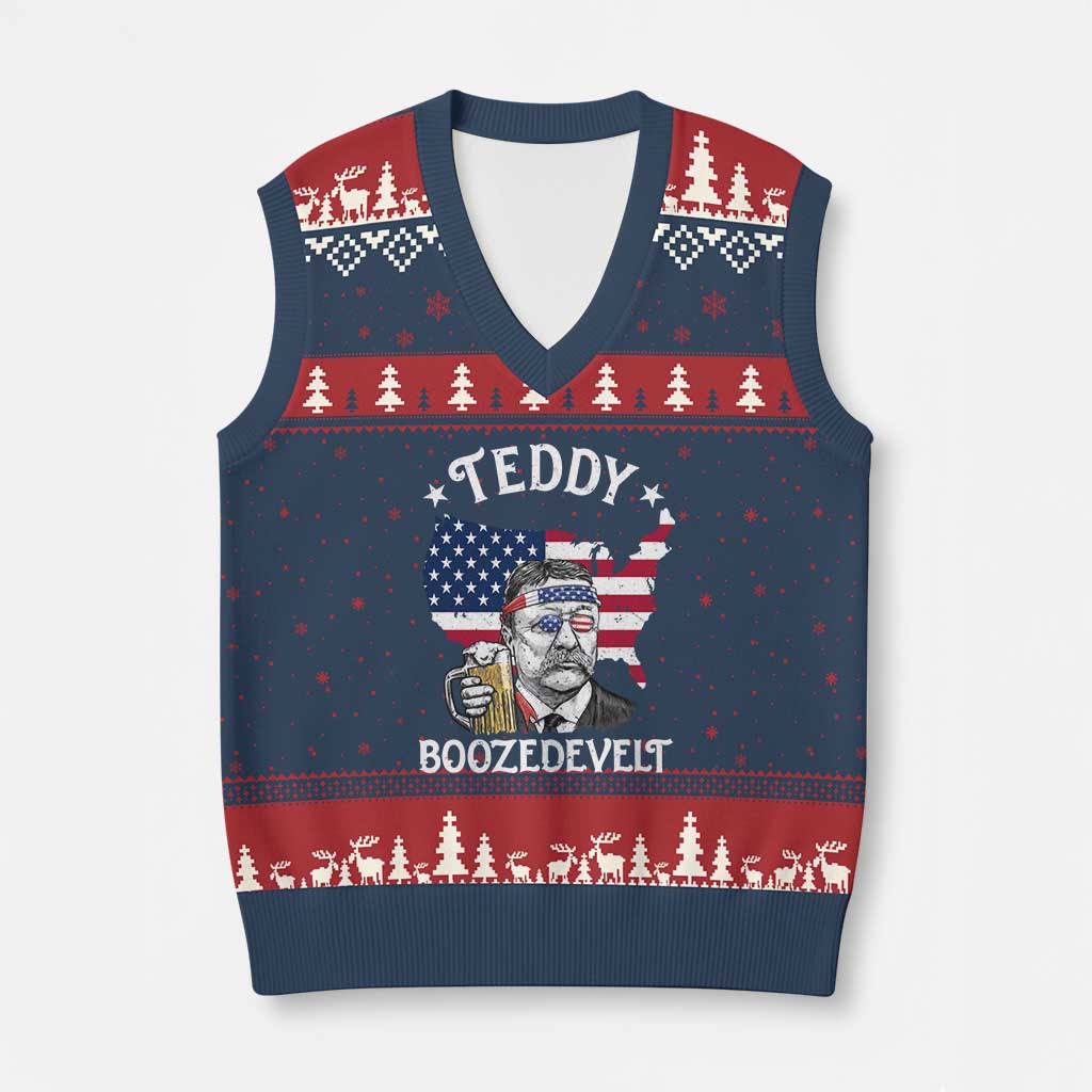 Teddy Boozedevelt Theodore Roosevelt V-Neck Knit Sweater Vest 4th Of July American Flag