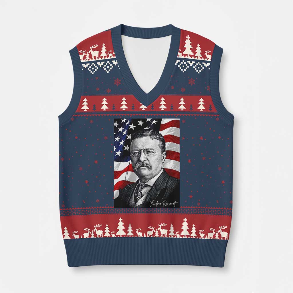 Theodore Roosevelt Patriotic American Flag President V-Neck Knit Sweater Vest