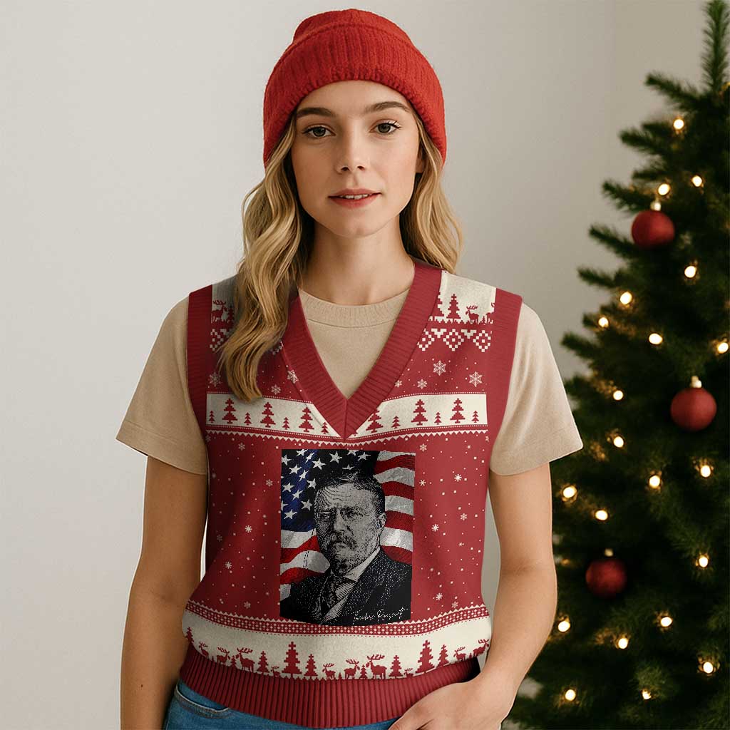 Theodore Roosevelt Patriotic American Flag President V-Neck Knit Sweater Vest