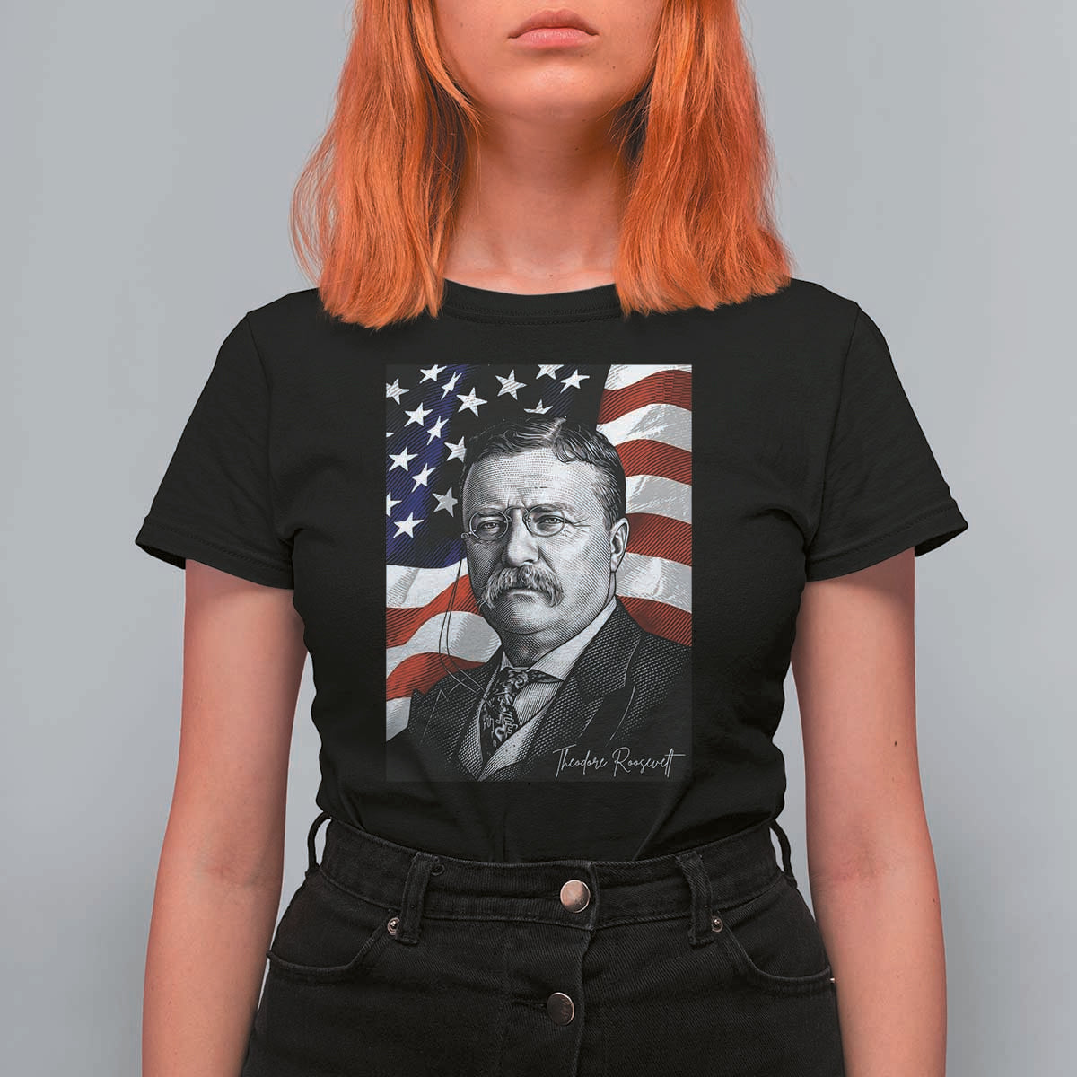 Theodore Roosevelt Patriotic American Flag President T Shirt For Women