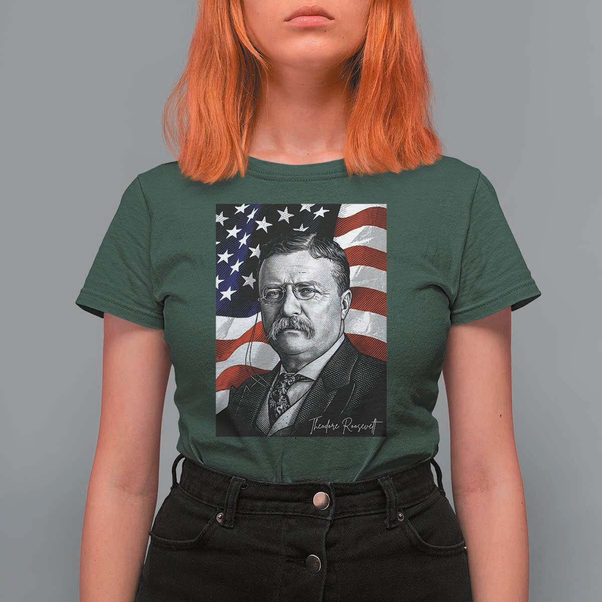 Theodore Roosevelt Patriotic American Flag President T Shirt For Women