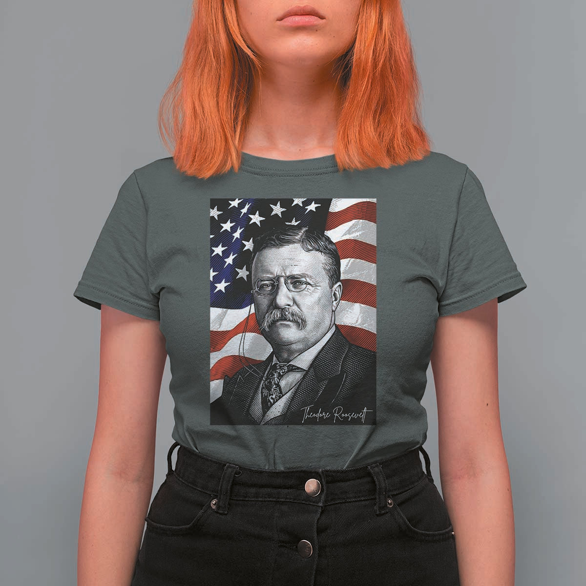 Theodore Roosevelt Patriotic American Flag President T Shirt For Women