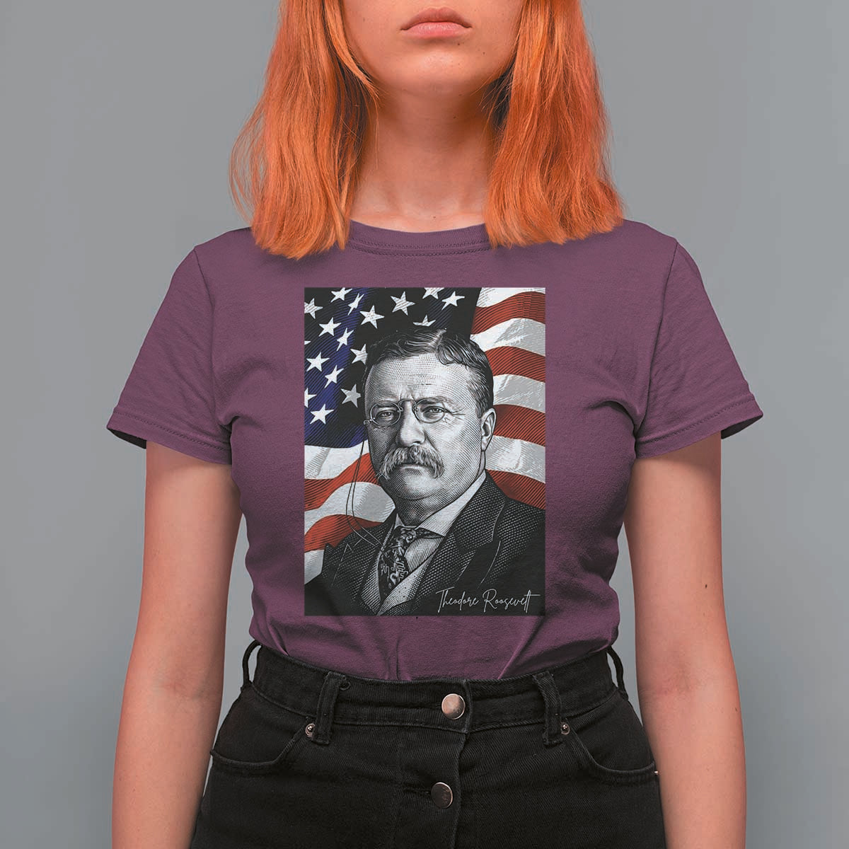 Theodore Roosevelt Patriotic American Flag President T Shirt For Women