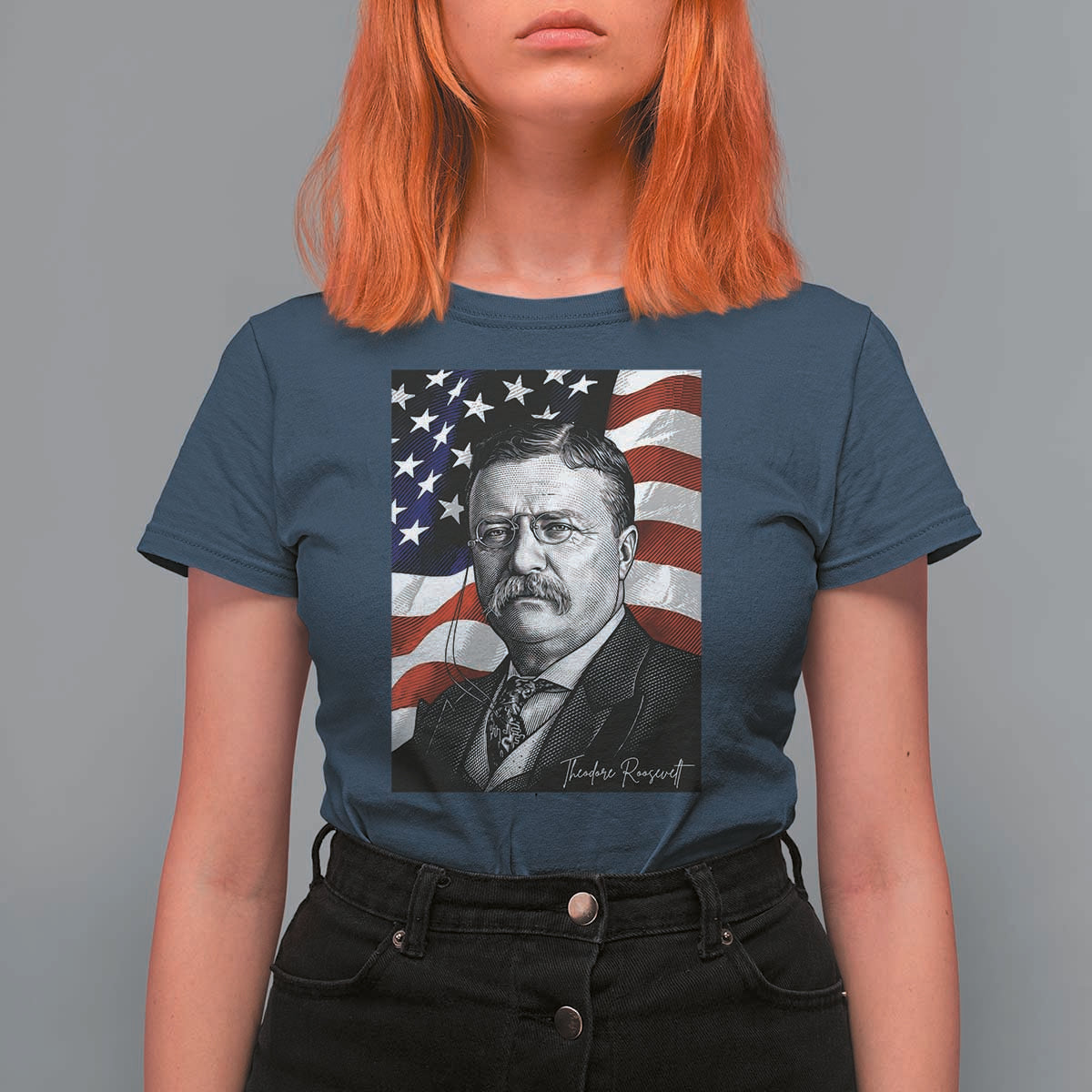 Theodore Roosevelt Patriotic American Flag President T Shirt For Women