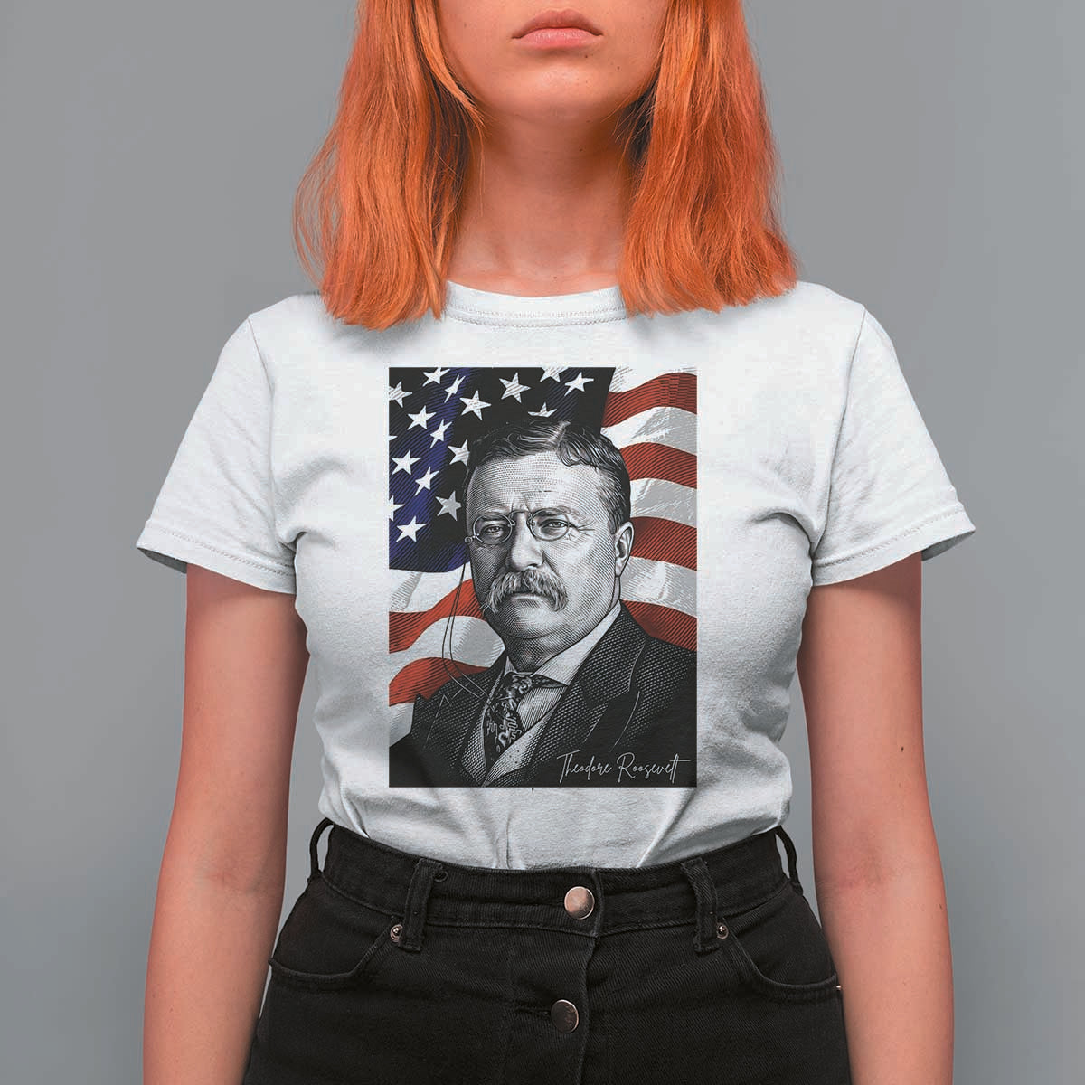 Theodore Roosevelt Patriotic American Flag President T Shirt For Women