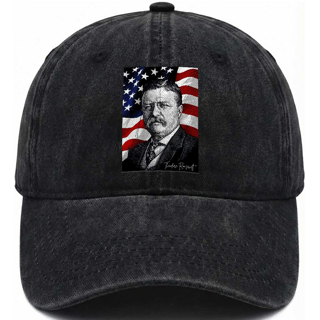 Theodore Roosevelt Patriotic American Flag President Washed Cotton Baseball Cap