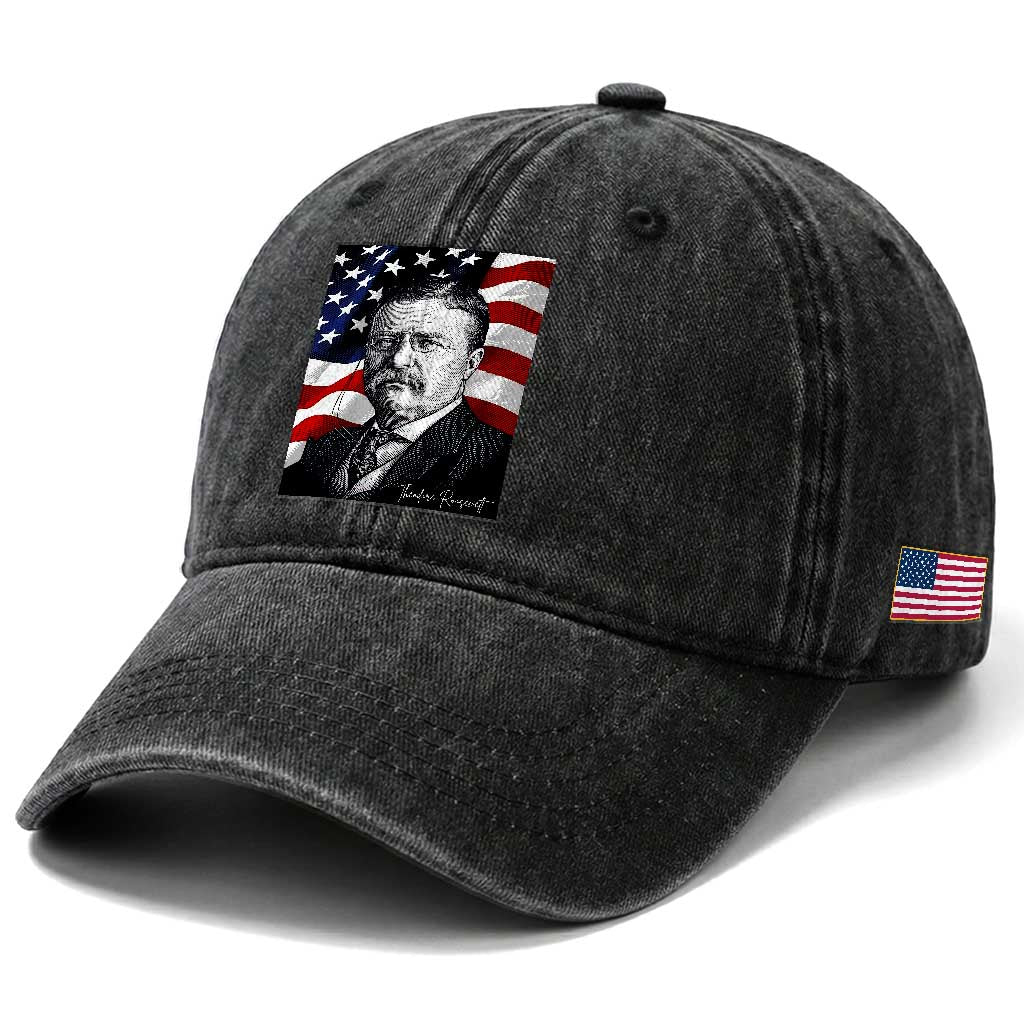 Theodore Roosevelt Patriotic American Flag President Washed Cotton Baseball Cap