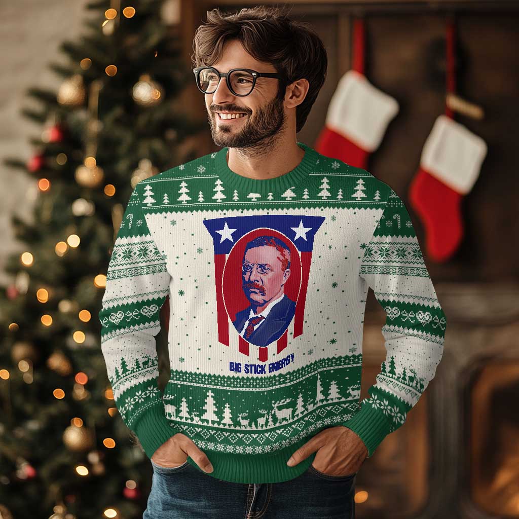 Theodore Roosevelt Patriotic American Flag Ugly Christmas Sweater Big Stick Energy President