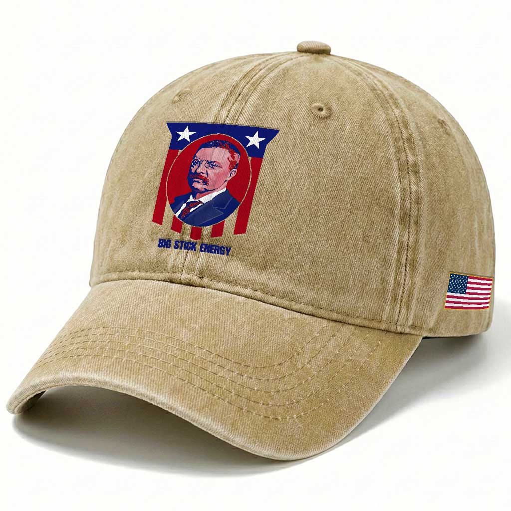 Theodore Roosevelt Patriotic American Flag Washed Cotton Baseball Cap Big Stick Energy President