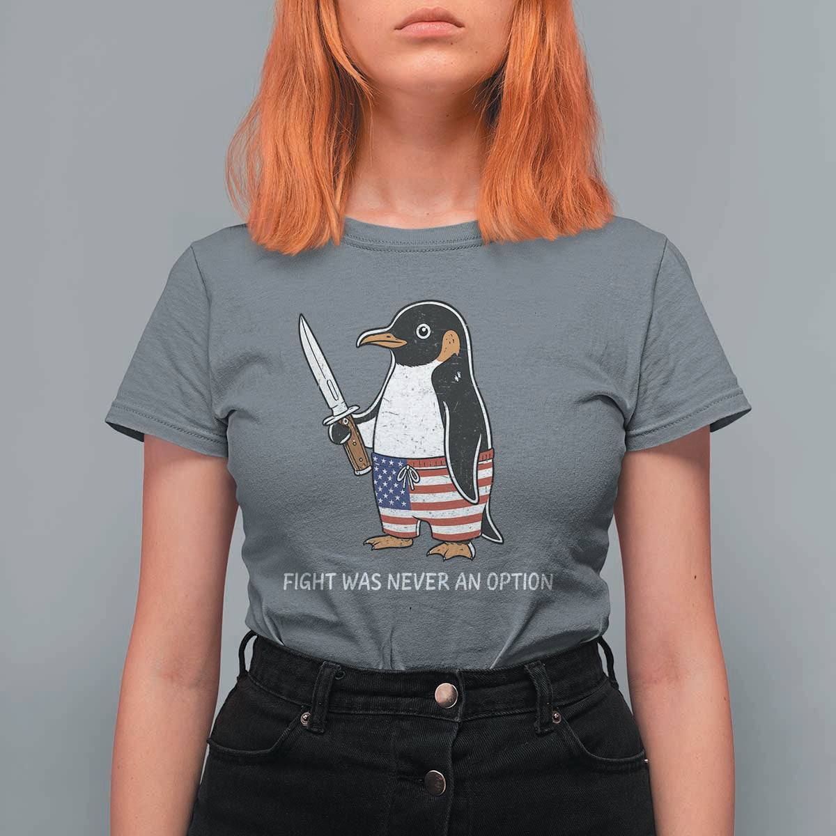 Flight was Never an Option T Shirt For Women Funny Penguin Knife Sarcastic American Flag