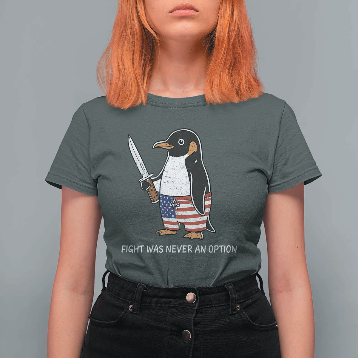 Flight was Never an Option T Shirt For Women Funny Penguin Knife Sarcastic American Flag