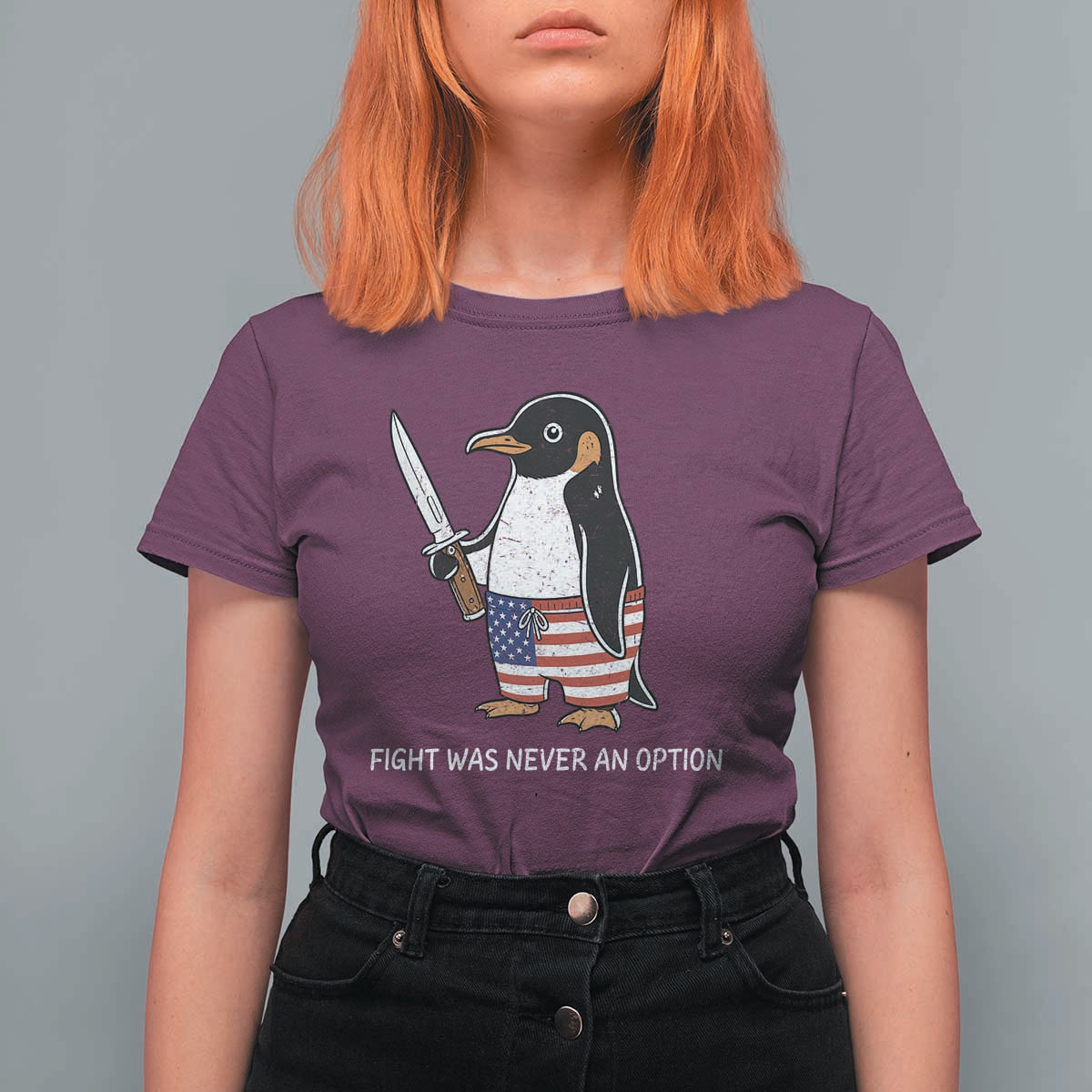 Flight was Never an Option T Shirt For Women Funny Penguin Knife Sarcastic American Flag