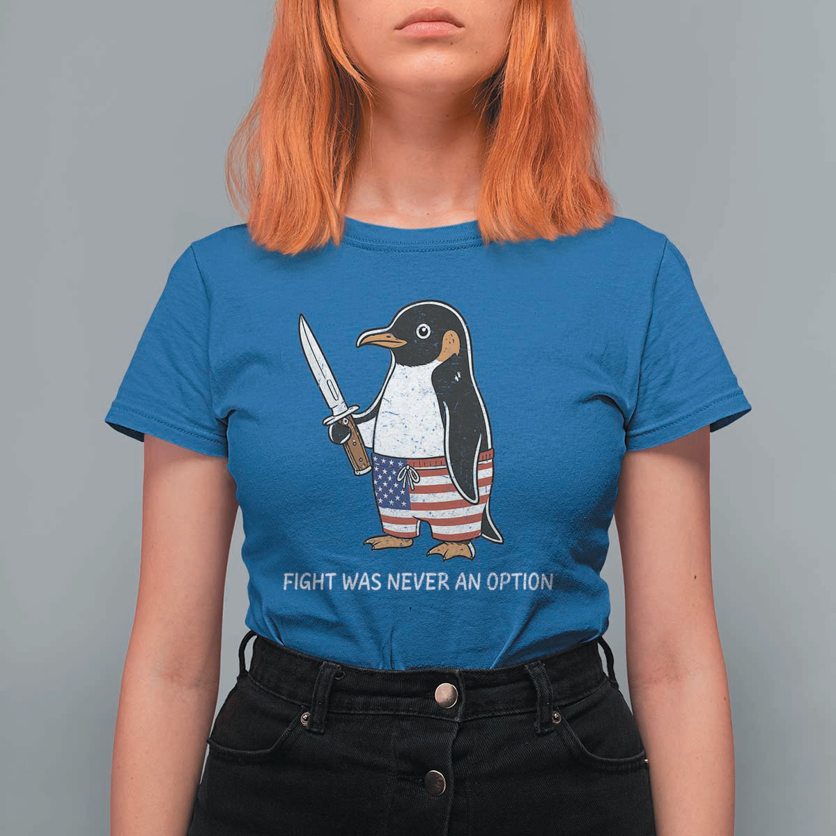 Flight was Never an Option T Shirt For Women Funny Penguin Knife Sarcastic American Flag