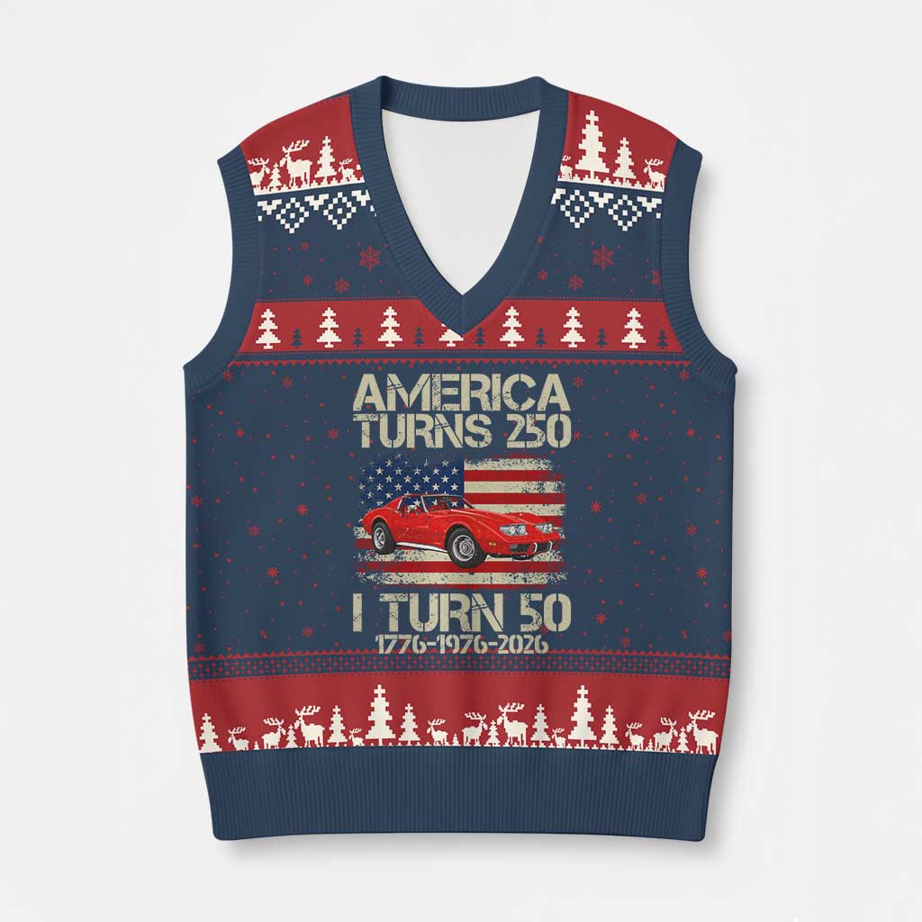America Turns 250 I Turn 50 1976 50th Birthday V-Neck Knit Sweater Vest Sports Car Retro Americana