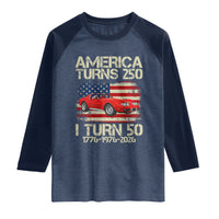 America Turns 250 I Turn 50 1976 50th Birthday Raglan Shirt Sports Car Retro Americana