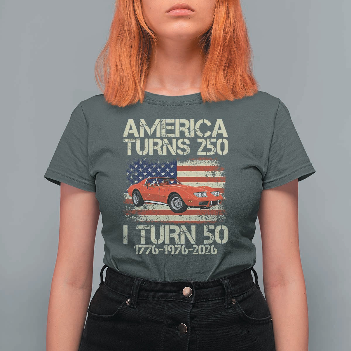 America Turns 250 I Turn 50 1976 50th Birthday T Shirt For Women Sports Car Retro Americana