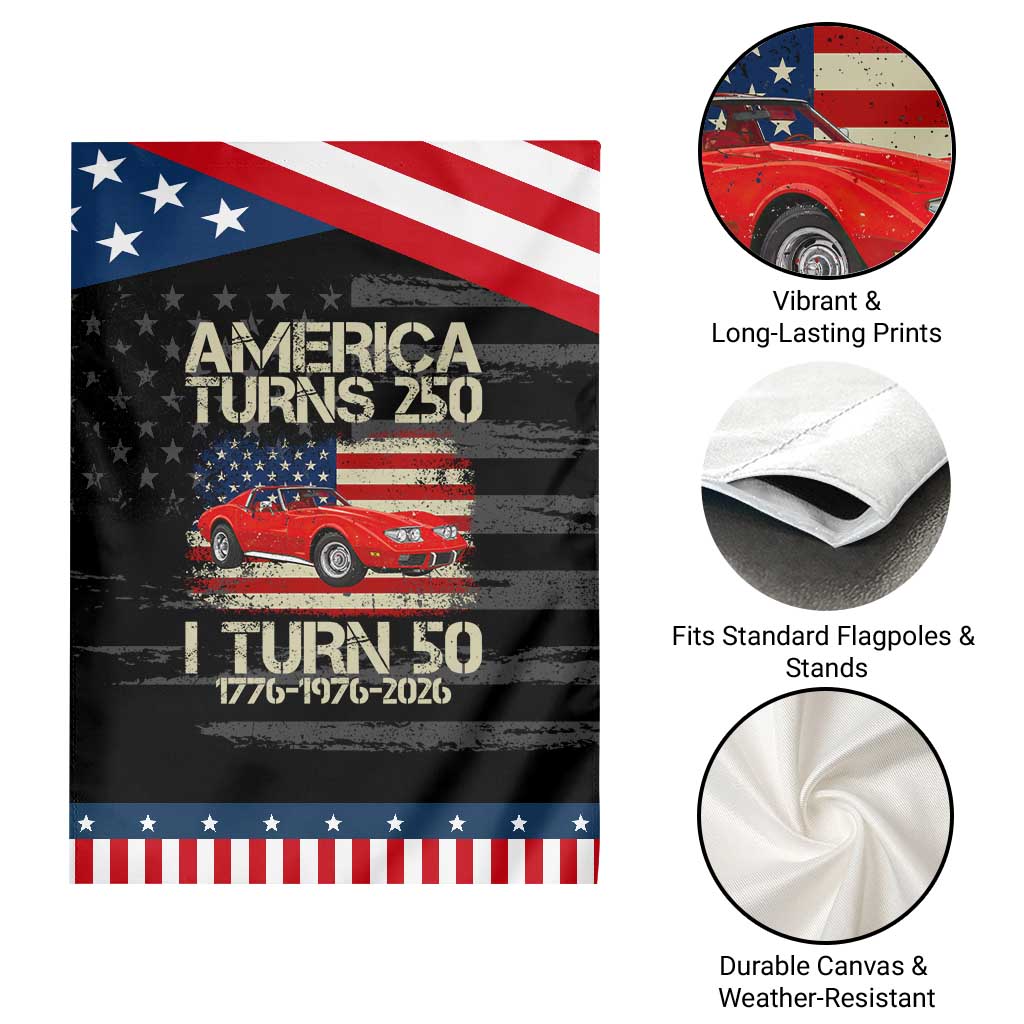 America Turns 250 I Turn 50 1976 50th Birthday Patriotic Garden Flag Sports Car Retro Americana