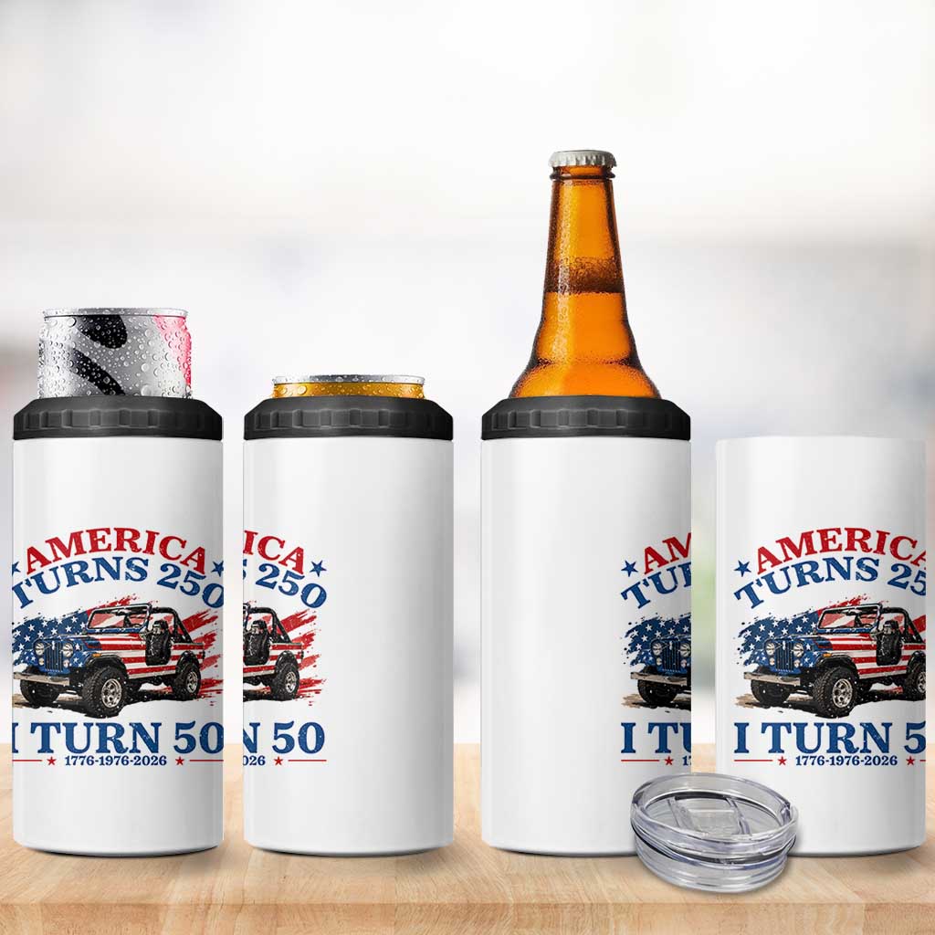 America Turns 250 I Turn 50 1976 50th Birthday 4 in 1 Can Cooler Tumbler Compact Classic Off-road SUV