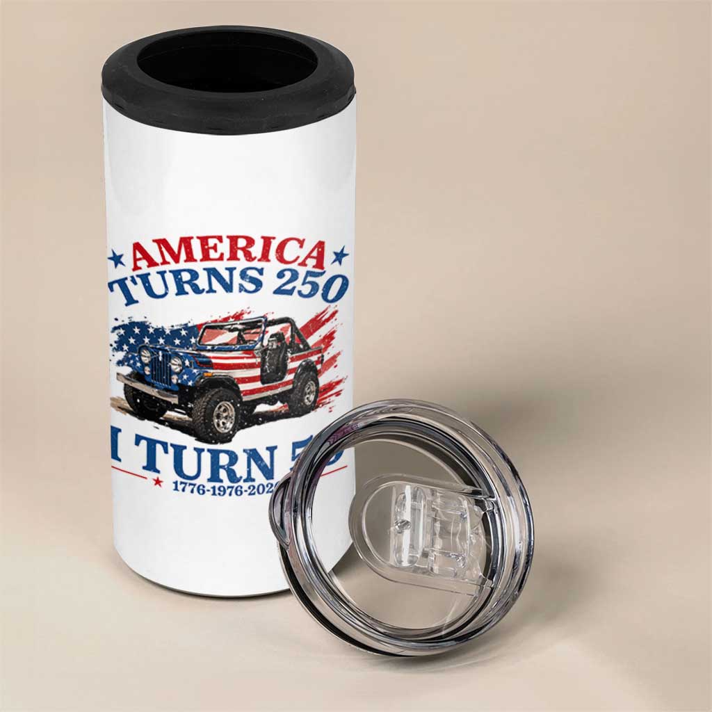 America Turns 250 I Turn 50 1976 50th Birthday 4 in 1 Can Cooler Tumbler Compact Classic Off-road SUV