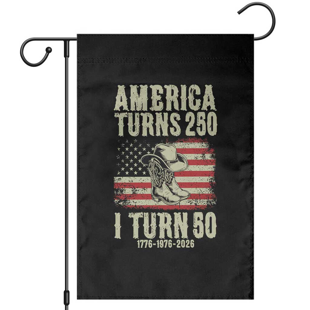 America Turns 250 I Turn 50 1976 50th Birthday Garden Flag Patriotic Cowboy Cowgirl Rodeo 4th of July