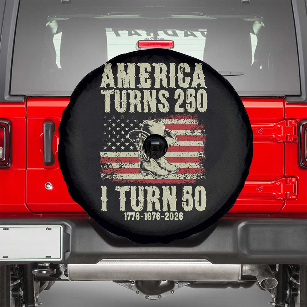 America Turns 250 I Turn 50 1976 50th Birthday Spare Tire Cover Patriotic Cowboy Cowgirl Rodeo 4th of July