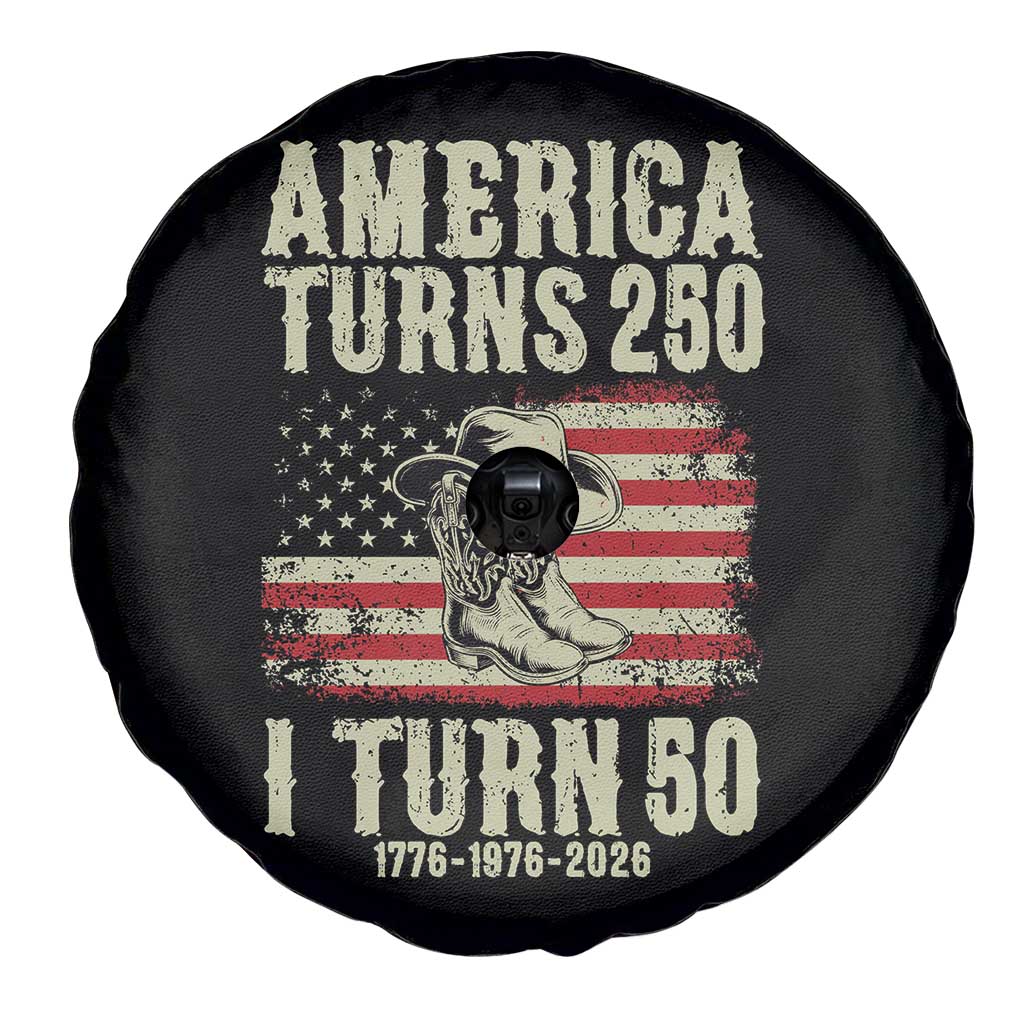 America Turns 250 I Turn 50 1976 50th Birthday Spare Tire Cover Patriotic Cowboy Cowgirl Rodeo 4th of July