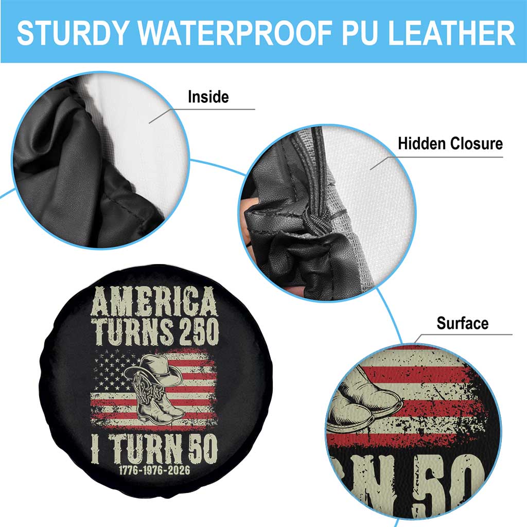 America Turns 250 I Turn 50 1976 50th Birthday Spare Tire Cover Patriotic Cowboy Cowgirl Rodeo 4th of July