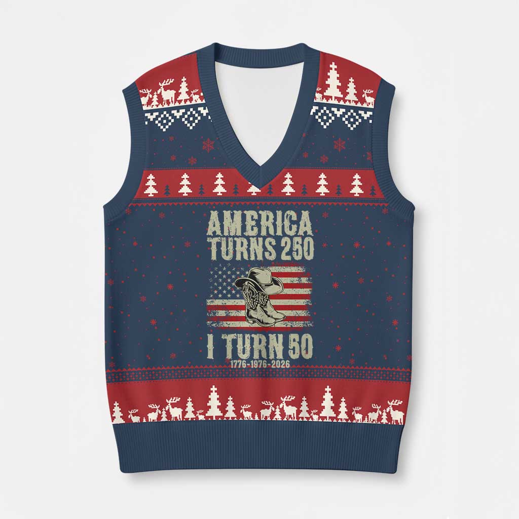 America Turns 250 I Turn 50 1976 50th Birthday V-Neck Knit Sweater Vest Patriotic Cowboy Cowgirl Rodeo 4th of July
