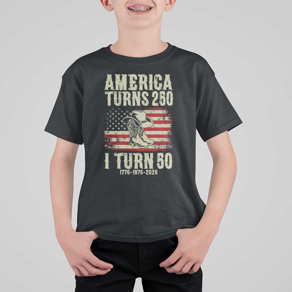 America Turns 250 I Turn 50 1976 50th Birthday T Shirt For Kid Patriotic Cowboy Cowgirl Rodeo 4th of July