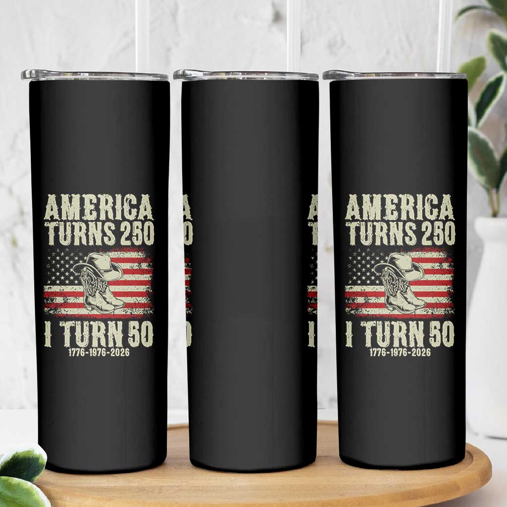 America Turns 250 I Turn 50 1976 50th Birthday Skinny Tumbler Patriotic Cowboy Cowgirl Rodeo 4th of July