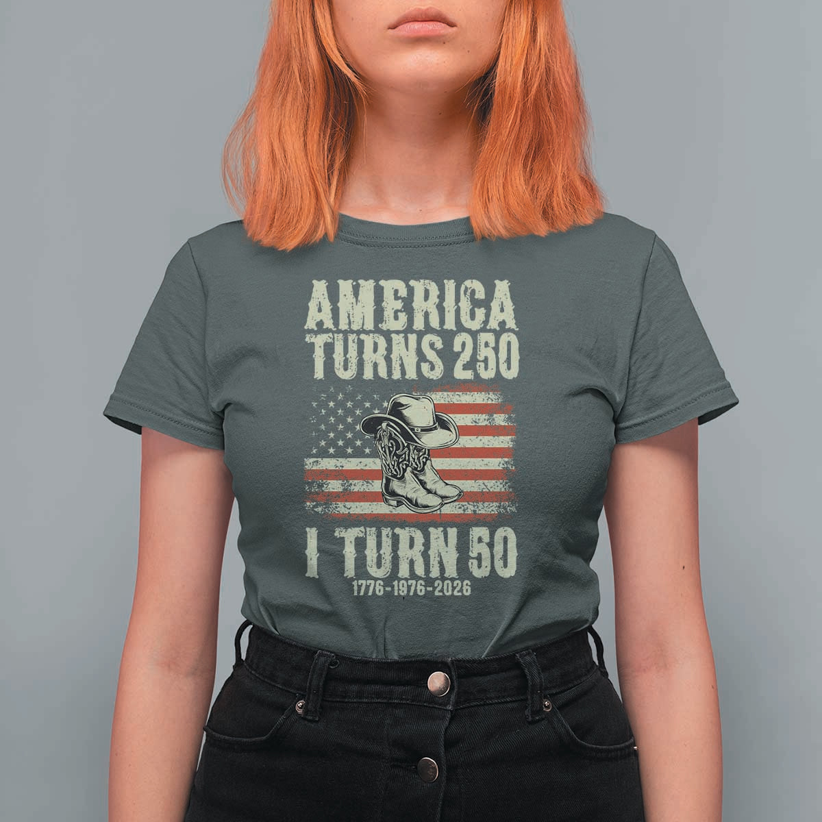 America Turns 250 I Turn 50 1976 50th Birthday T Shirt For Women Patriotic Cowboy Cowgirl Rodeo 4th of July