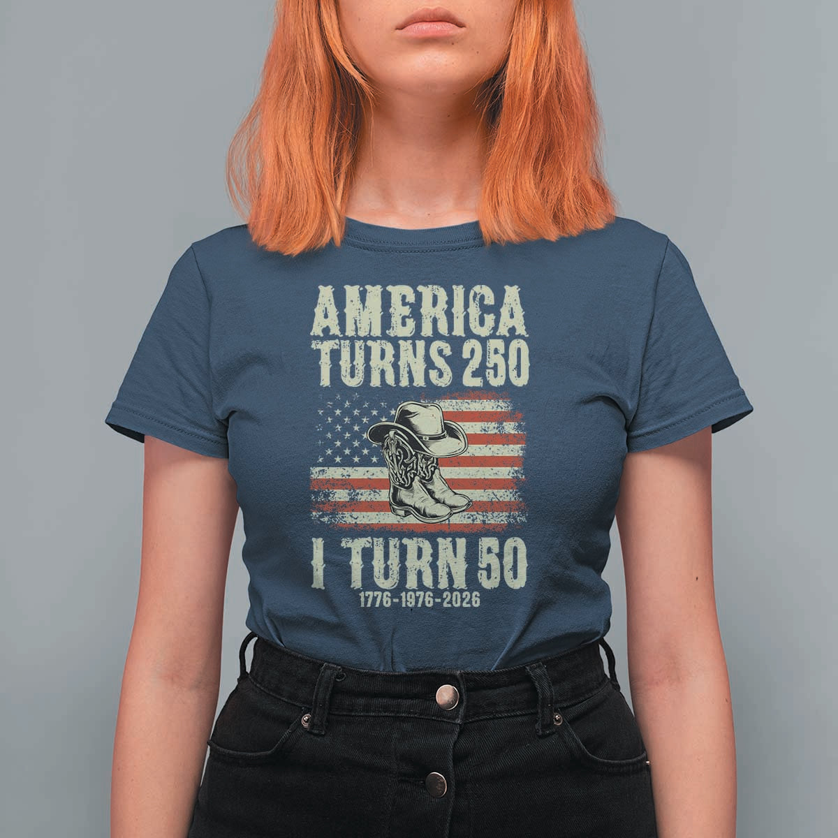 America Turns 250 I Turn 50 1976 50th Birthday T Shirt For Women Patriotic Cowboy Cowgirl Rodeo 4th of July