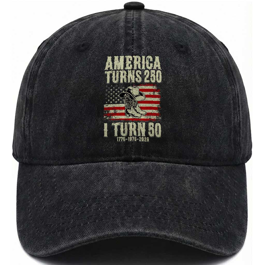 America Turns 250 I Turn 50 1976 50th Birthday Washed Cotton Baseball Cap Patriotic Cowboy Cowgirl Rodeo 4th of July