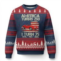 America Turns 250 I Turn 75 1951 75th Birthday Ugly Christmas Sweater Sports Car Retro Americana