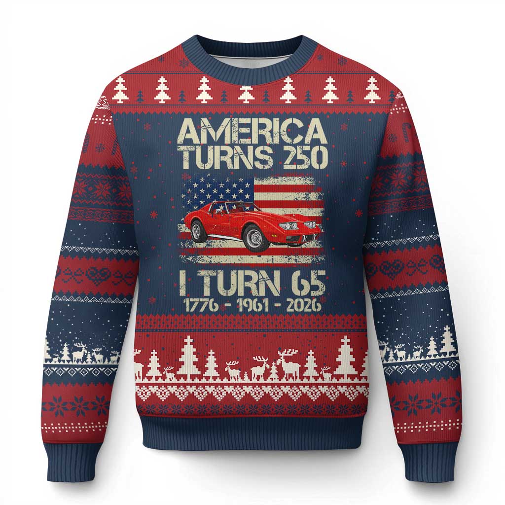 America Turns 250 I Turn 65 1961 65th Birthday Ugly Christmas Sweater Sports Car Retro Americana