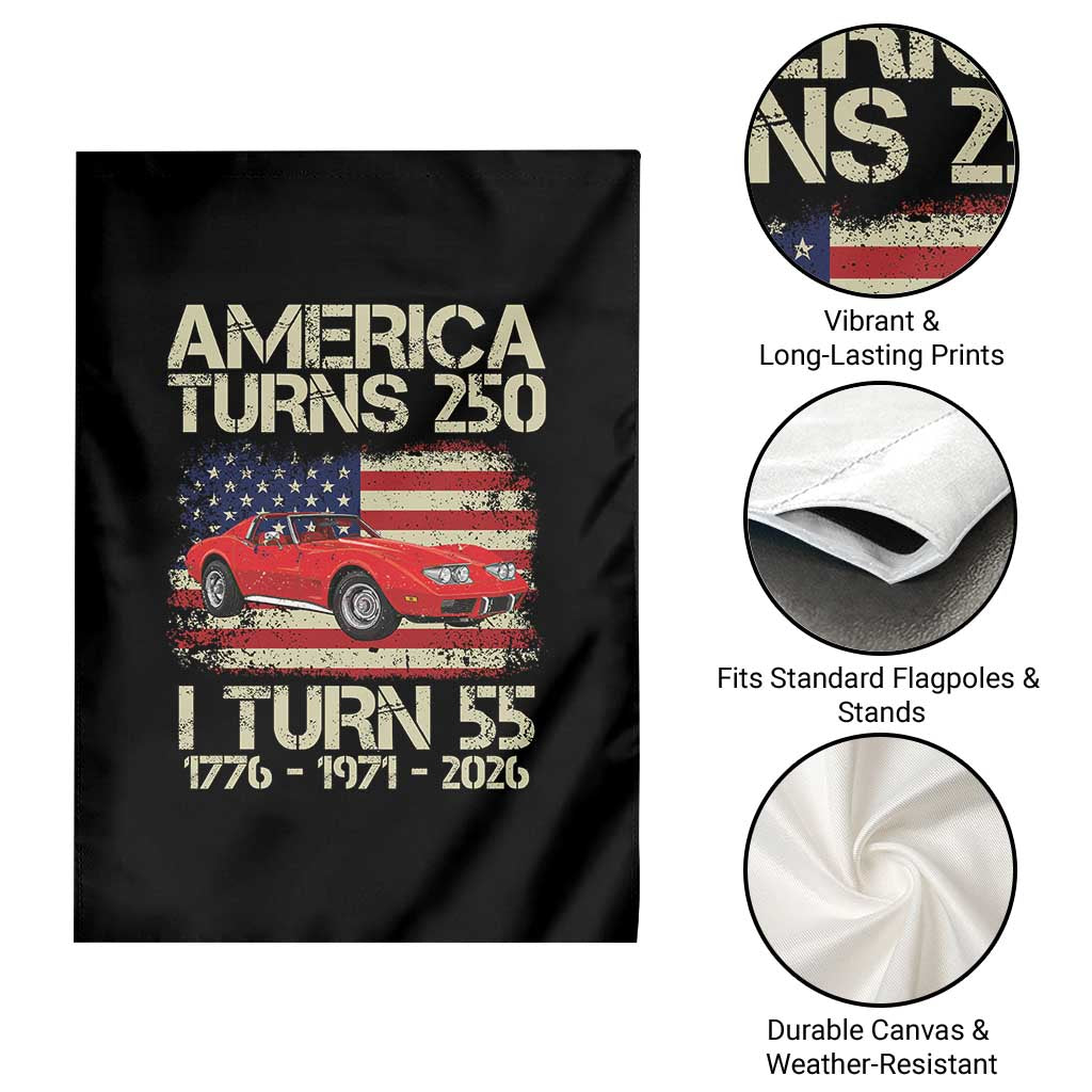 America Turns 250 I Turn 55 1971 55th Birthday Garden Flag Sports Car Retro Americana
