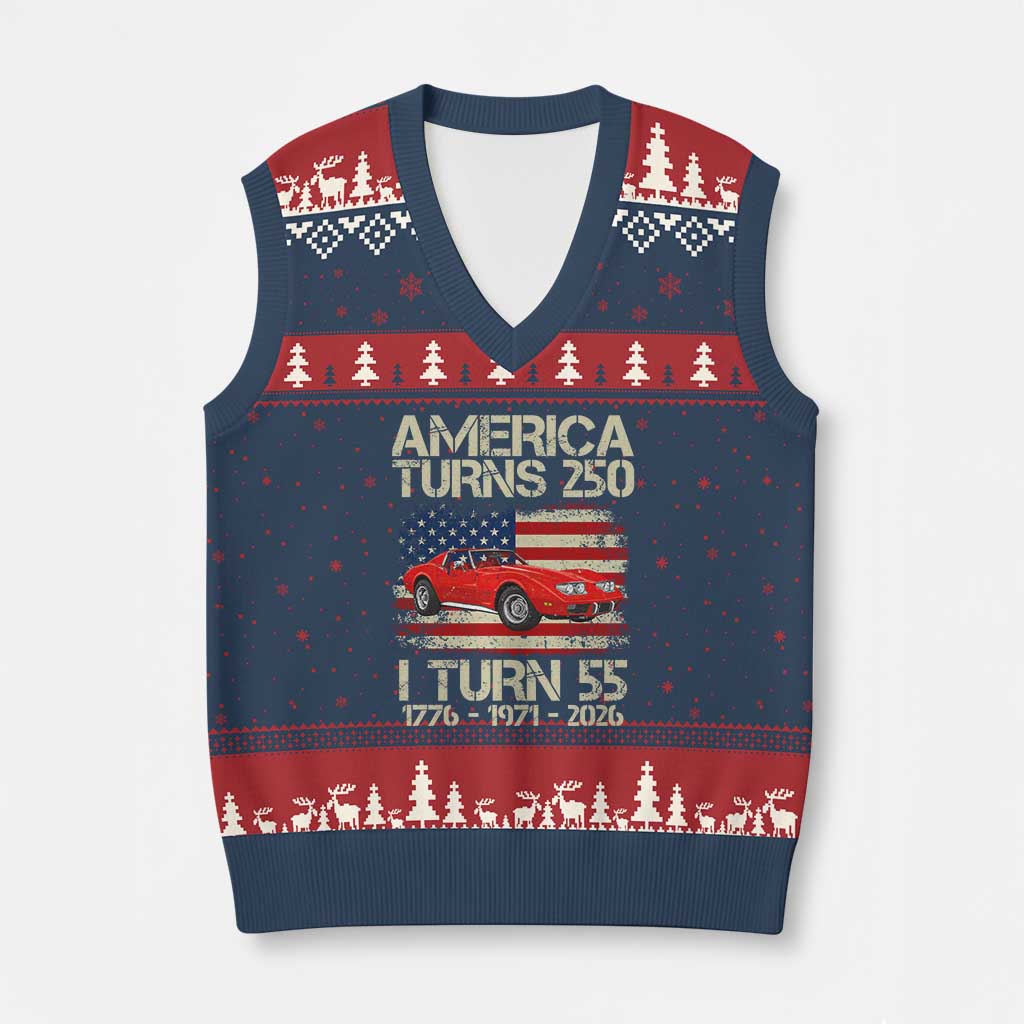 America Turns 250 I Turn 55 1971 55th Birthday V-Neck Knit Sweater Vest Sports Car Retro Americana