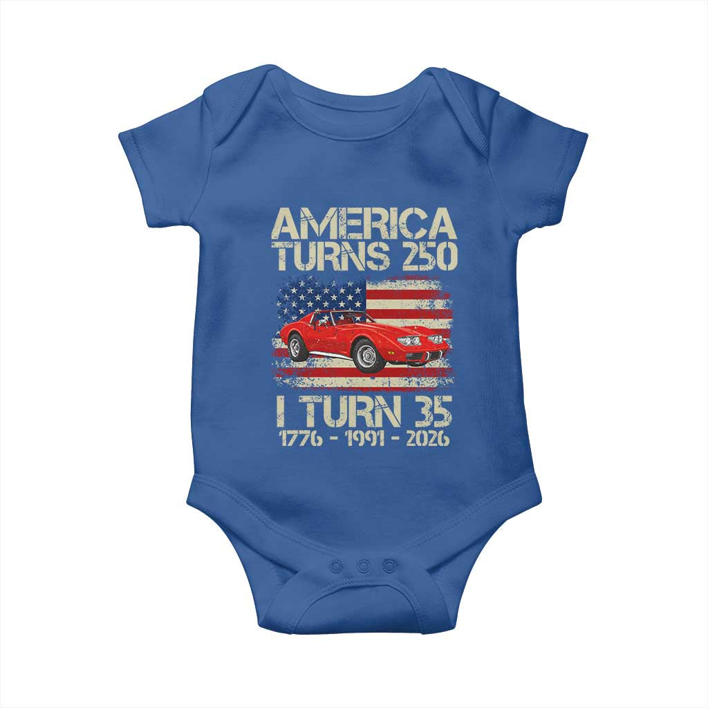 America Turns 250 I Turn 35 1991 35th Birthday Baby Onesie Sports Car Retro Americana