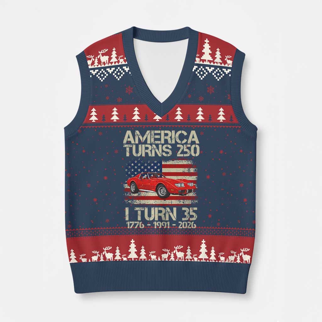 America Turns 250 I Turn 35 1991 35th Birthday V-Neck Knit Sweater Vest Sports Car Retro Americana