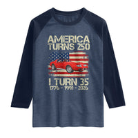 America Turns 250 I Turn 35 1991 35th Birthday Raglan Shirt Sports Car Retro Americana