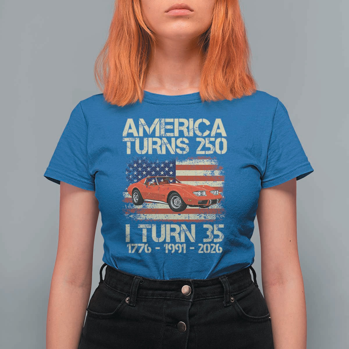 America Turns 250 I Turn 35 1991 35th Birthday T Shirt For Women Sports Car Retro Americana